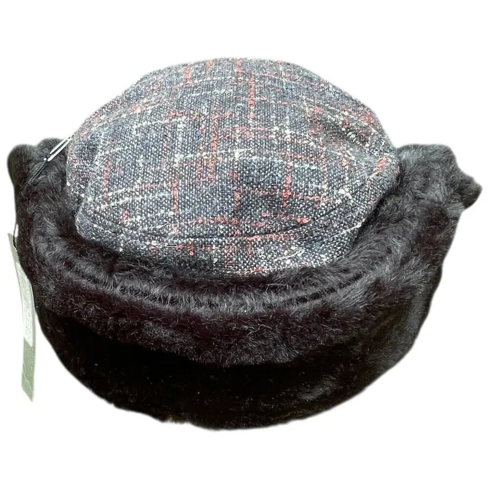 Nobis Plaid Tweed Faux Fur Ear Flaps Trapper Hat Cap Gray Red Winter Warm NWT